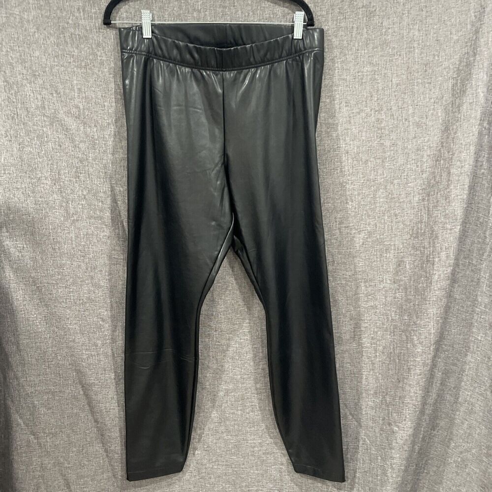 Old Navy Black Faux Leather Pants Women Sz L Pull On Elastic Waist Soft Lining